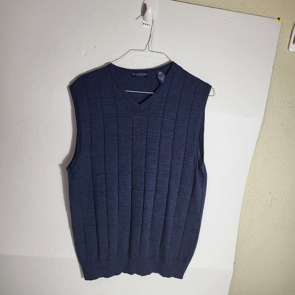 Vintage 90s Y2K John Ashford Vest Mens L Blue Merino Wool Italy V-neck